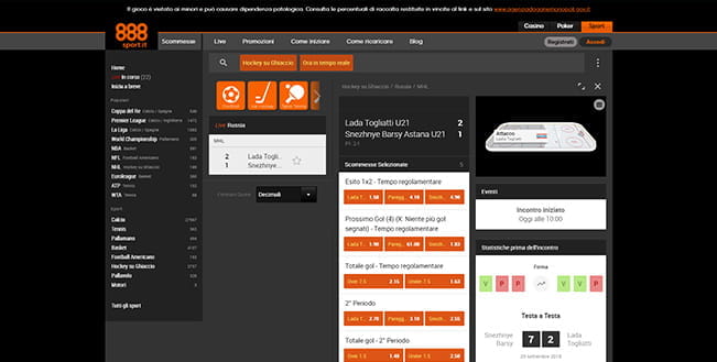La pagina dedicata alle giocate live dell'hockey su ghiaccio di 888sport.