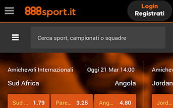 L'aspetto grafico della pagina dedicata alle scommesse sportive della app di 888sport