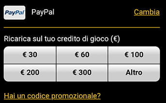 L'aspetto grafico della sezione relativa a una modalità di pagamento per effettuare un deposito, scegliendo tra una serie di importi preselezionati sulla app di 888sport