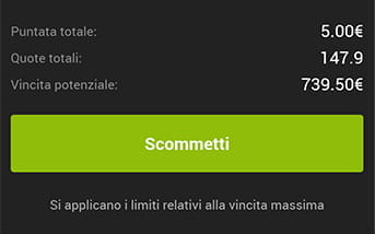 La schedina riepilogativa con la somma investita nella scommessa e il pulsante Scommetti per piazzare la giocata nella app di 888sport