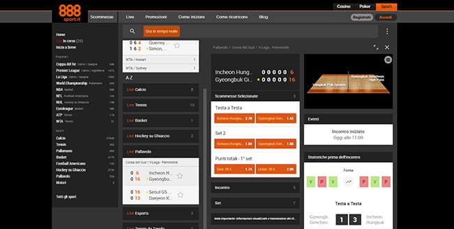 La pagina dedicata alle scommesse live sulla palllavolo di 888sport.