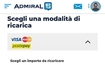 La scelta di una delle modalità di deposito sulla app di AdmiralBET