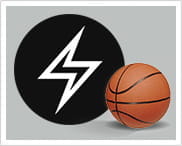 Il simbolo di una saetta dentro un cerchio nero e un pallone da basket.