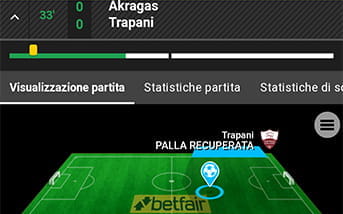 La schermata di un evento live nella app di Betfair, con le informazioni in tempo reale sulla partita e le statistiche