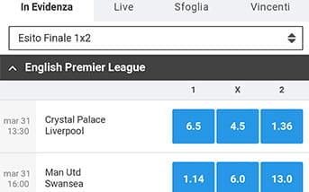 La pagina delle scommesse sul calcio nella app di Betfair, con le partite e le relative quote