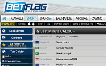 L'aspetto della home page scommesse della app di BetFlag, con la selezione tra le diverse discipline sportive, i diversi giochi e gli eventi last minute