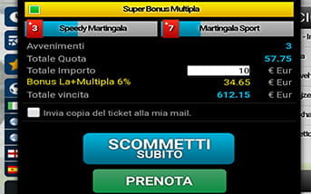 La schedina per piazzare le scommesse nella app di BetFlag, con il riepilogo delle somme investite, la vincita prevista e i pulsanti Scommetti subito e Prenota per giocare subito o in un secondo momento