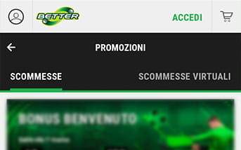 La landing page della app di Better Lottomatica, con la scelta tra i tipi di scommesse e le promozioni in corso