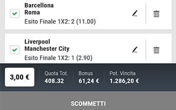 La schedina per piazzare le giocate nella app di Better Lottomatica, con il riepilogo delle selezioni effettuate, le relative quote, gli importi investiti e le vincite potenziali
