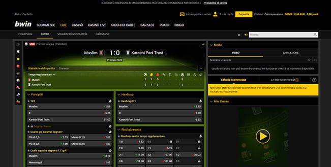 La pagina dedicata alle scommesse live sul calcio di bwin.