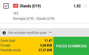 La schedina per le giocate nella app di bwin, con il riepilogo delle puntate selezionate con la relativa quota, la somma investita e la vincita potenziale in un riquadro giallo e il pulsante verde Piazza scommessa per effettuare la giocata