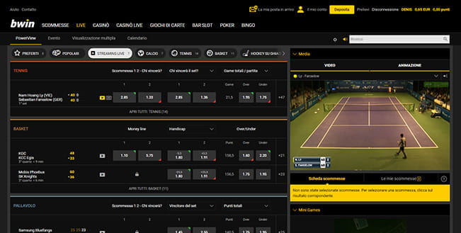 La pagina dedicata alle scommesse live sul tennis di bwin.