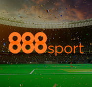 Uno stadio affollato durante una partita di calcio e il logo di 888sport.