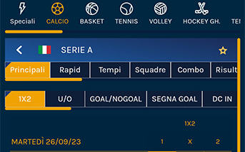 La pagina delle puntate sul calcio nella app di CasinoMania, con le partite disponibili e le relative quote