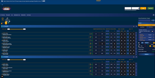 La pagina dedicata alle giocate live sul tennis di CasinoMania.