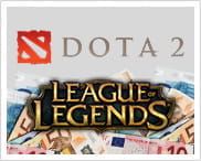 Banconote euro di diversi tagli e i loghi degli eSports DOTA 2 e LoL.