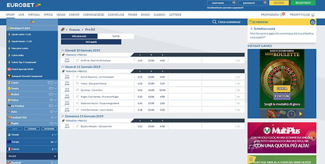 La pagina dedicata alle scommesse sul rugby di Eurobet.