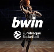 Un giocatore di basket in azione, il logo dell'Eurolega e quello di bwin
