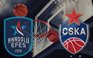 Un canestro e i loghi di Anadolu Efes e CSKA Mosca