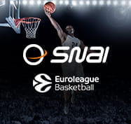Un giocatore di basket, il logo dell'Eurolega e quello di SNAI