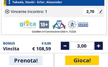 Il bottone per piazzare le scommesse nella app di GoldBet