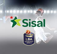 Un giocatore di basket, il logo della LBA e quello di Sisal