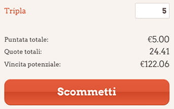 La schedina per piazzare le scommesse nella app di LeoVegas, con il riepilogo dell'importo investito, le quote totali, la vincita potenziale e il bottone arancione con la scritta Scommetti per effettuare la giocata