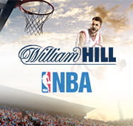 Un giocatore di basket in azione, il logo della NBA e quello di William Hill