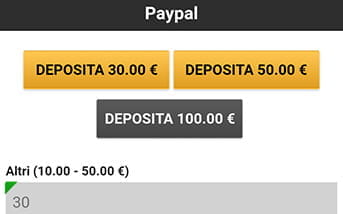 La procedura per effettuare un deposito tramite PayPal sulla app di NetBet, scegliendo tra tre importi preselezionati