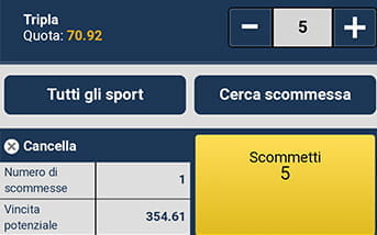 La schedina per le scommesse nella app di NetBet, con il riepilogo delle puntate selezionate, della vincita potenziale e il tasto giallo Scommetti per effettuare la giocata