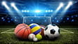 Palloni e palline di diversi sport su un campo da calcio