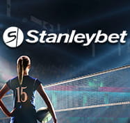 Una giocatrice di pallavolo sotto rete e il logo di Stanleybet.