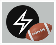 Il simbolo di una saetta dentro un cerchio nero e una palla da rugby.