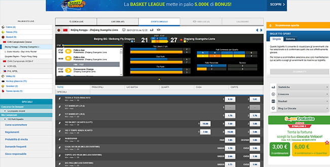 La pagina dedicata alle giocate live sul basket di Sisal.