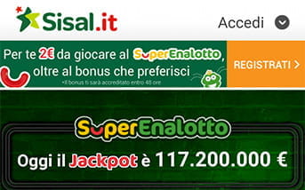 La pagina di benvenuto della app di Sisal Matchpoint, con le promozioni in corso e i bottoni per accedere al conto o registrarsi al sito