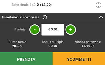 La schedina per piazzare le scommesse nella app di Sisal Matchpoint, con il riepilogo delle quote, della vincita potenziale e la scelta dell'importo da investire, e i due bottoni Prenota e Scommetti, di colore verde e arancio