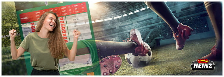 Una ragazza esulta, calciatori in azione. La schermata di un sito scommesse e la scritta Super Heinz. 