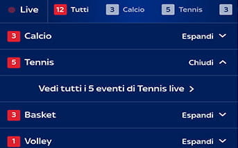 L'aspetto della home page scommesse della app di Sky Bet, con gli eventi sportivi divisi per disciplina