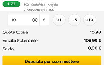 La schedina di riepilogo delle scommesse nella app di Sky Bet, con i diversi importi da investire, la quota totale, la vincita potenziale e il bottone giallo Deposita per scommettere tramite cui effettuare la giocata