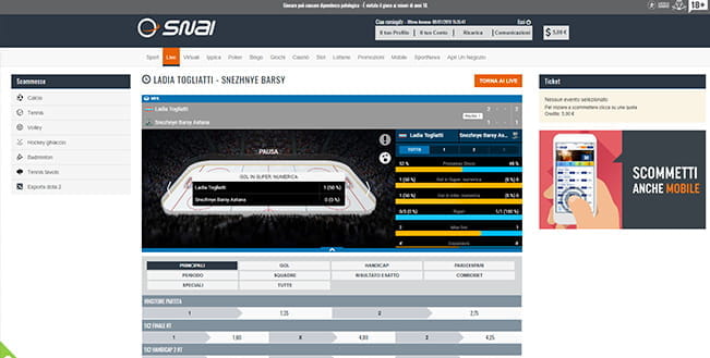 La pagina dedicata alle scommesse live dell'hockey su ghiaccio di SNAI.