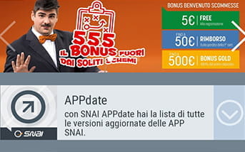 La landing page della app di SNAI, con le promozioni in corso e il reindirizzamento ad app relative ad altri tipi di scommessa