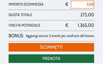 La schedina per piazzare le giocate nella app di SNAI, con l'importo da versare, la quota totale, la vincita potenziale e i bottoni Scommetti e Prenota, rispettivamente di colore arancio e verde