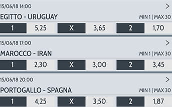 La pagina delle scommesse calcistiche nella app di SNAI, con gli incontri in programma, le relative quote e i mercati a disposizione