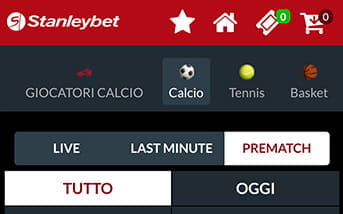 La navigazione nella home page scommesse della app di Stanleybet