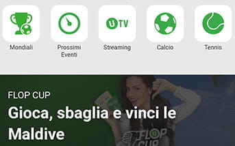 La navigazione nella home page scommesse della app di Unibet