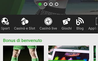 L'aspetto della landing page della app di Unibet