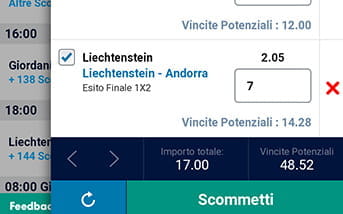 La schedina per piazzare le scommesse nella app di William Hill, con il riepilogo delle selezioni fatte, l'importo da versare, la quota totale, la vincita potenziale e il bottone verde Scommetti