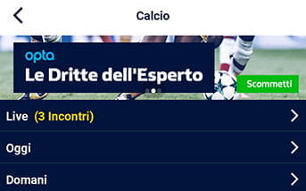 La pagina delle scommesse sul calcio nella app di William Hill, con gli eventi ordinati cronologicamente