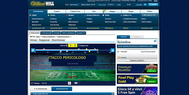 La pagina dedicata alle giocate live sul calcio di William Hill.