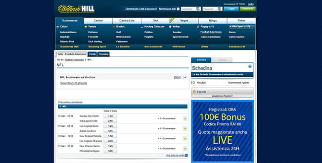 La pagina dedicata alle scommesse sul football americano di William Hill.